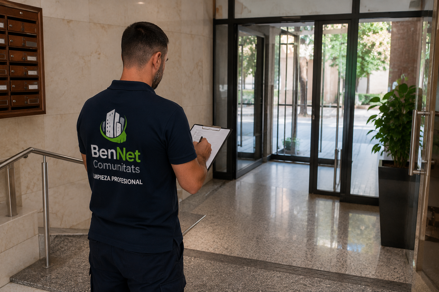 Técnico de BenNet Comunitats revisando el estado del portal con un parte en mano