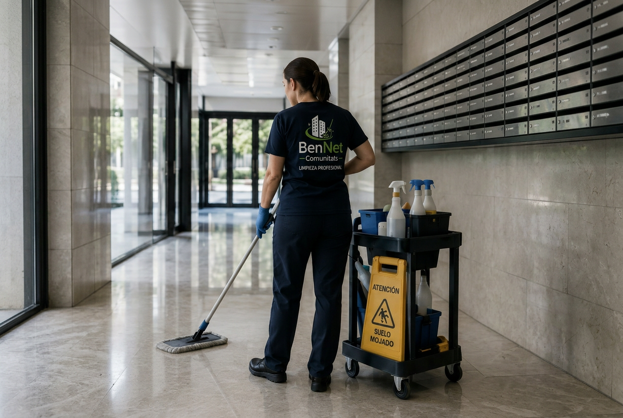 Personal de limpieza profesional trabajando en el vestíbulo de una comunidad moderna